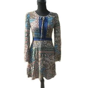 Solemio Bohemian Long Sleeve Embroidered Floral Print Mini Dress Size Small New